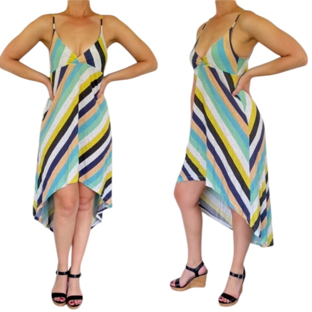 Alternative blue green stripe high low spaghetti strap sun dress size medium